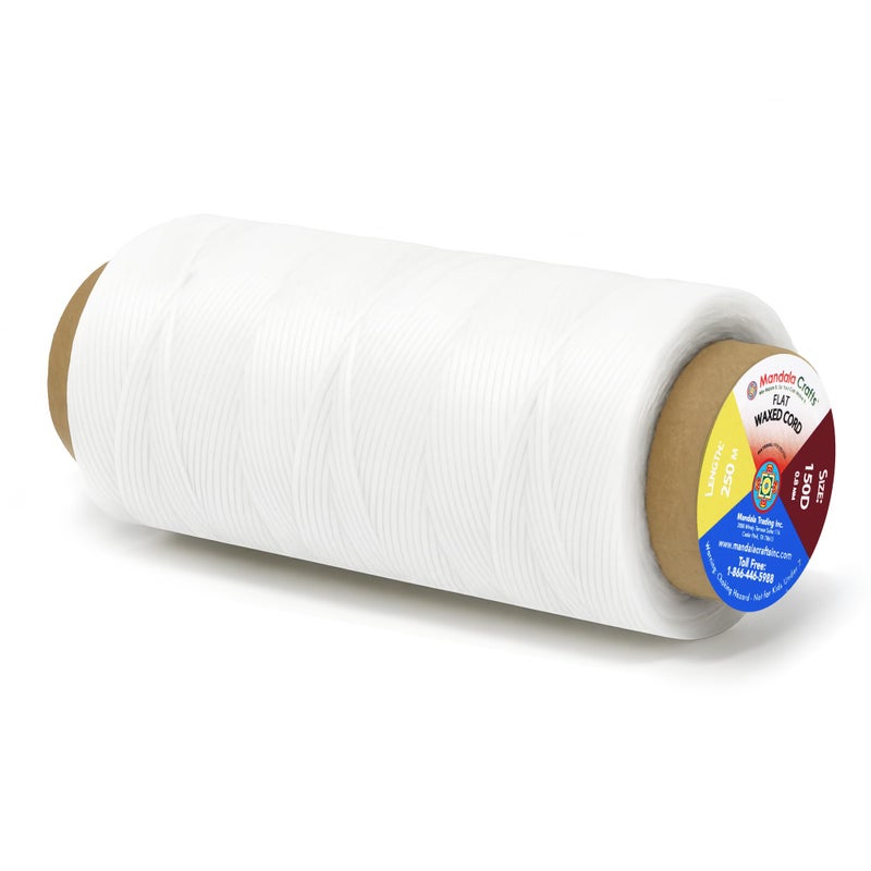 Mandala Crafts White Flat Waxed Thread for Leather Sewing - 273 Yds 150D 0.8mm Polyester Leather Thread String Waxed Cord for Leatherwork, Beading, Bookbinding, Hand Stitching - Image 1